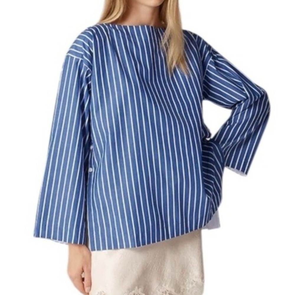J‎ Crew Blue White Stripe Boatneck Popover Side Button Blouse Cotton Sz XL